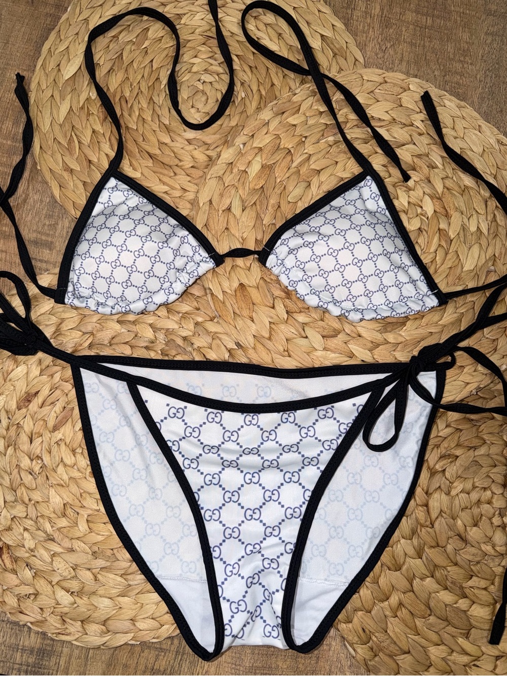 White & Black Logo Triangle Bikini Top and Tie-Side Bottom 💙